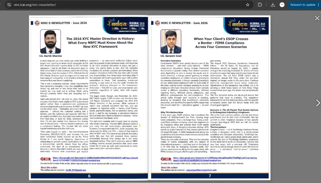 When Your Client's ESOP Crosses a Border — CA Sanyam Goel in ICAI NIRC Newsletter